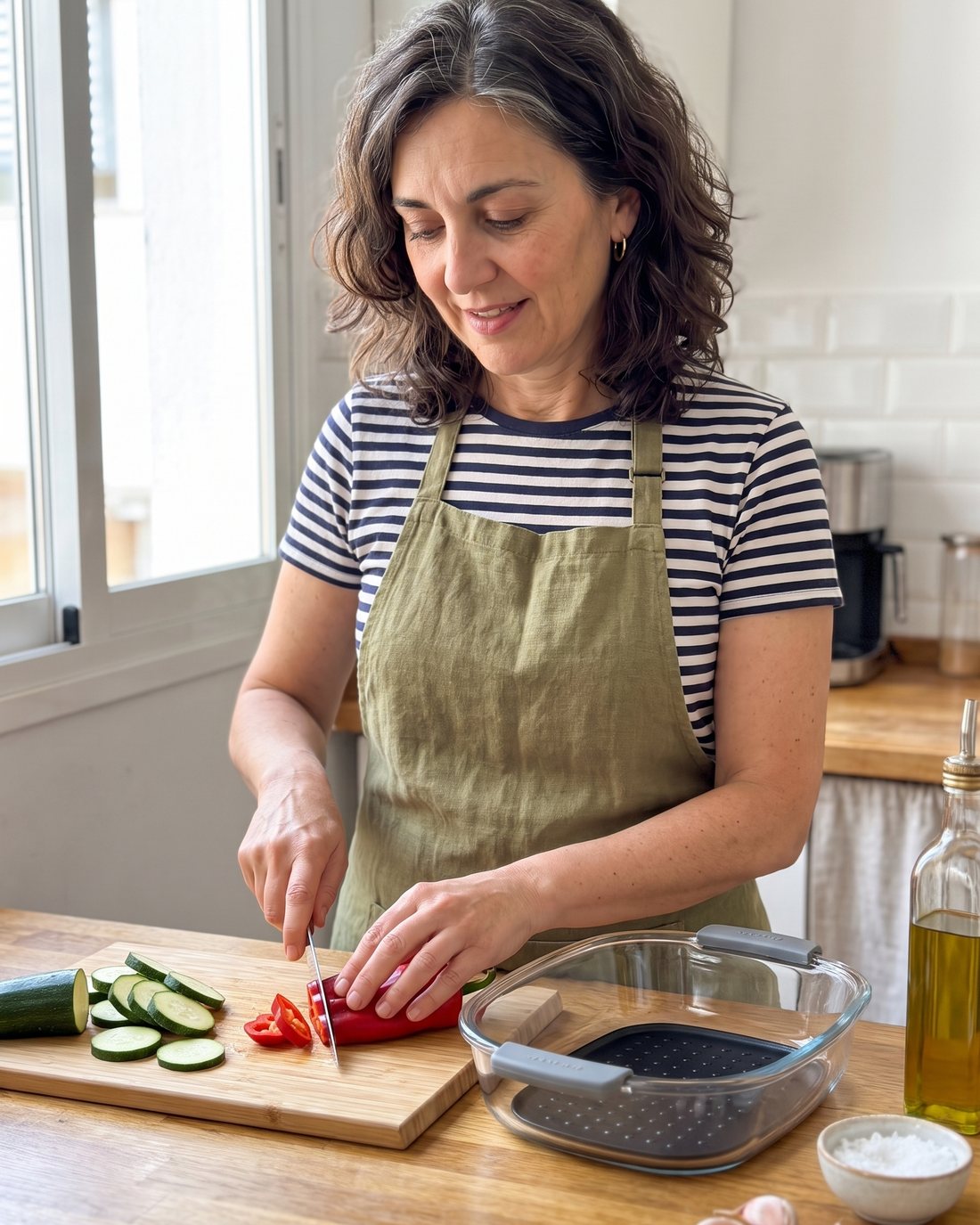 Lola cortando calabacita y pimiento junto al recipiente de vidrio