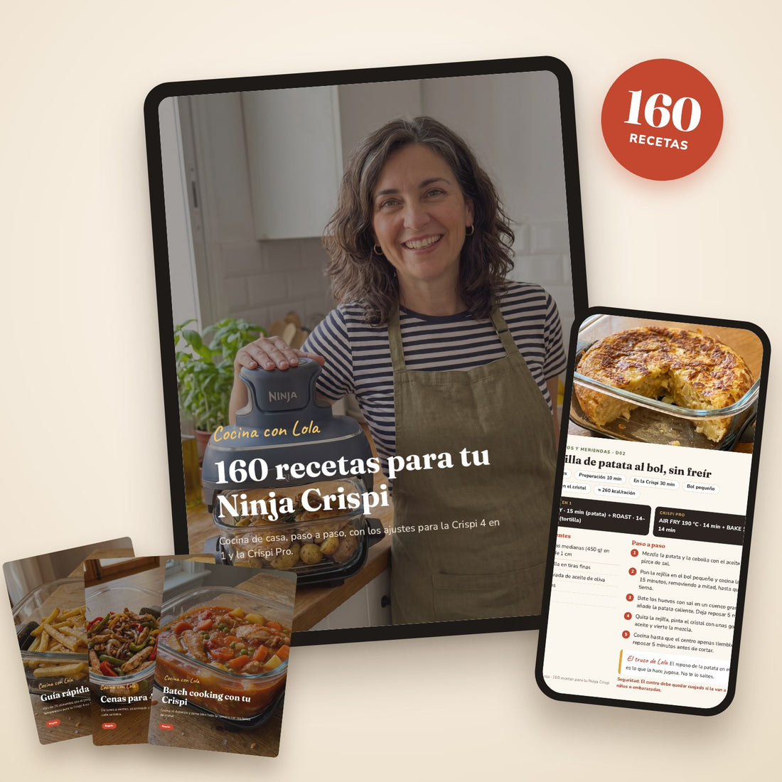 Recetario 160 recetas para Ninja Crispi en tablet y móvil con las 3 guías de regalo