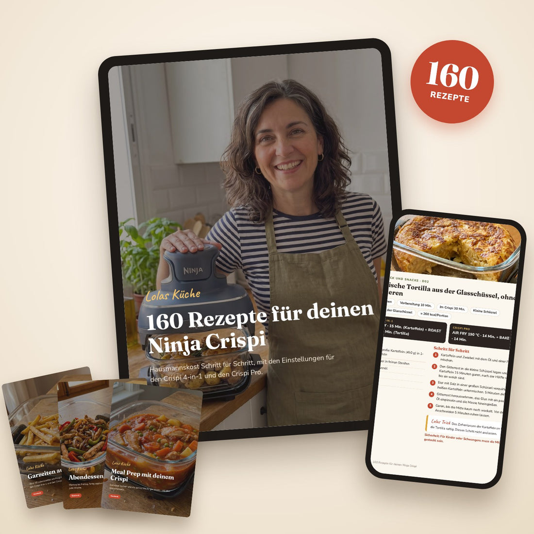 Das Rezeptbuch mit 160 Rezepten für den Ninja Crispi auf Tablet und Handy, mit den 3 Gratis-Ratgebern