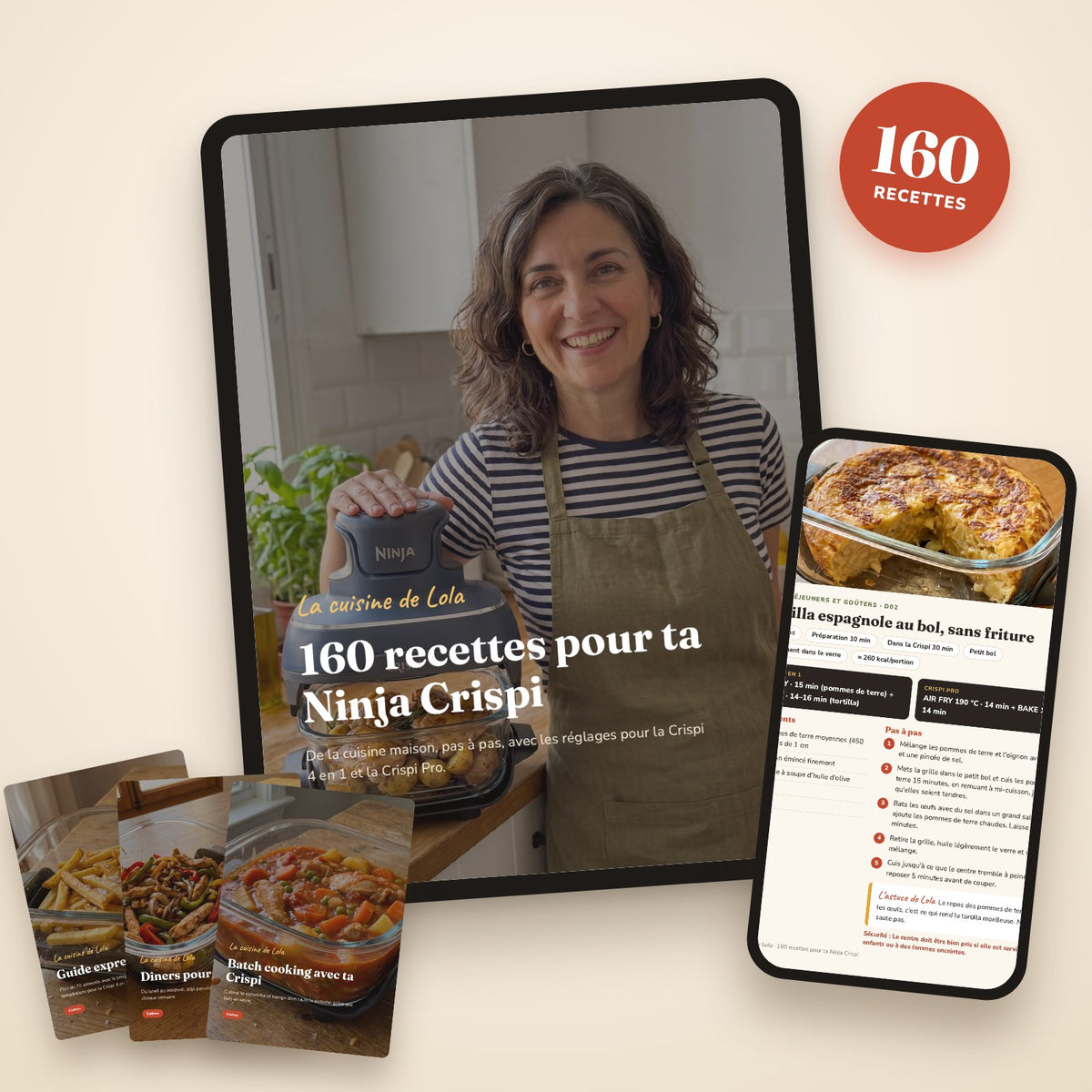 Le livre de 160 recettes pour Ninja Crispi sur tablette et mobile, avec les 3 guides offerts