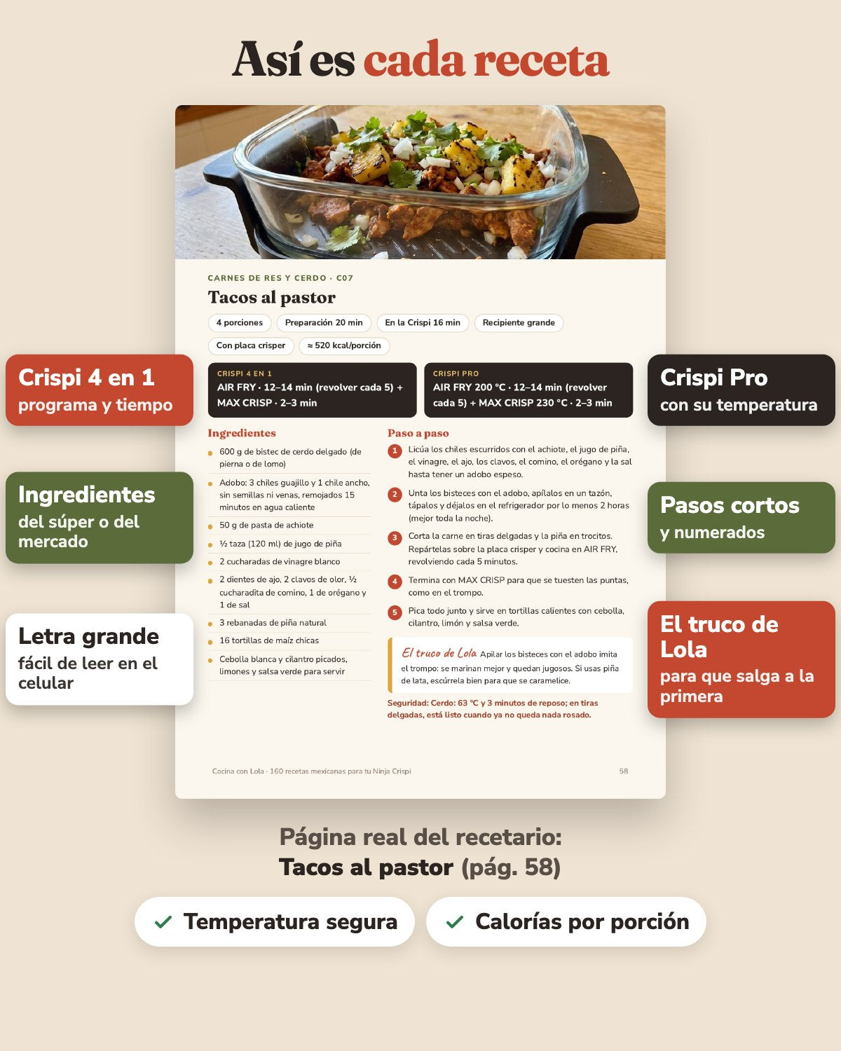 Página real de una receta, Tacos al pastor, con los ajustes para la Crispi 4 en 1 y la Crispi Pro