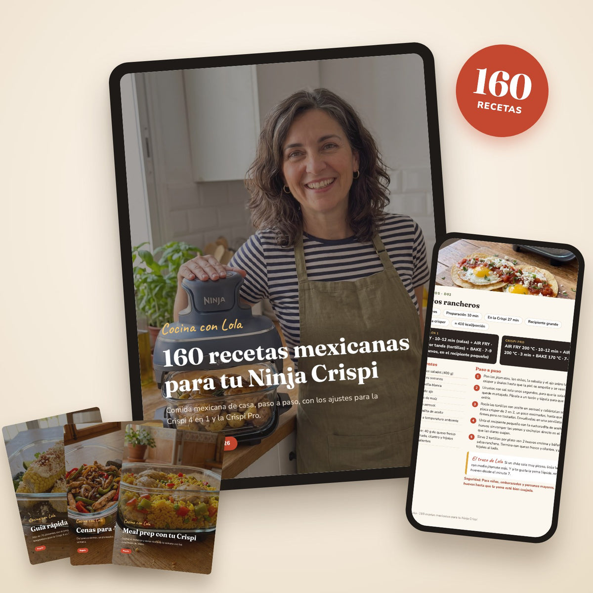 El recetario de 160 recetas mexicanas para Ninja Crispi en tablet y celular, con las 3 guías de regalo