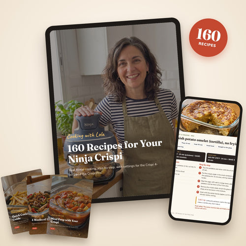 The 160-recipe Ninja Crispi book on a tablet and phone, with the 3 free bonus guides